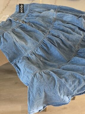 Light Blue Denim Button-Front Tiered Dress